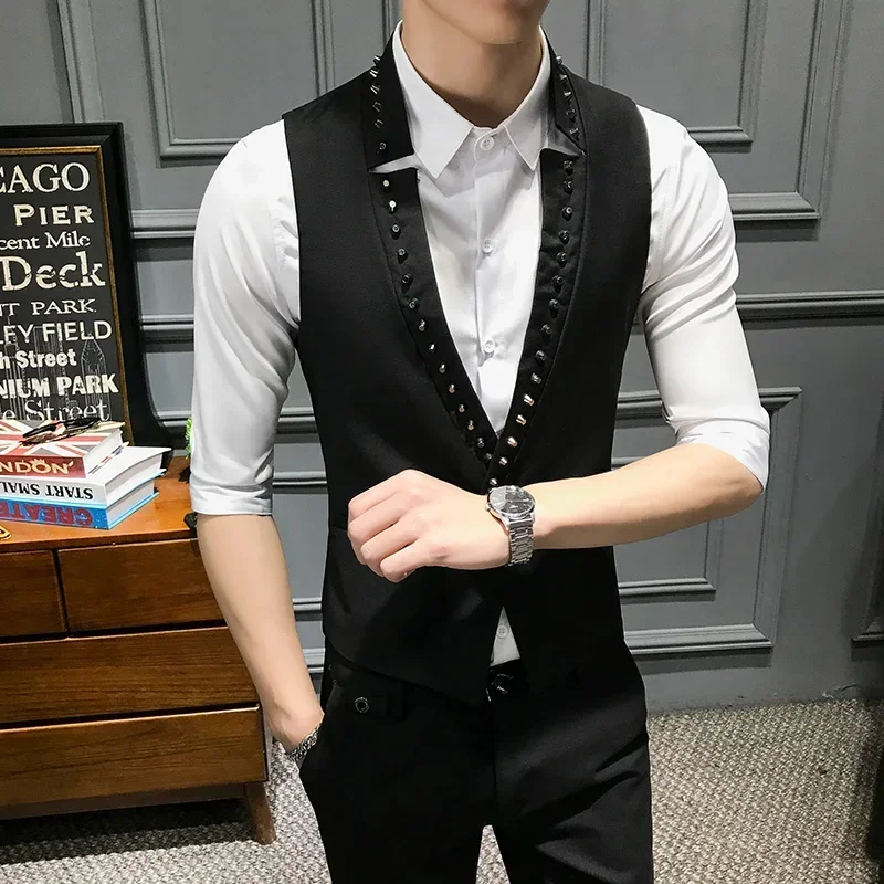 New 2026 Punk Style Rivet Male Vest Fashion V-neck One Button Black Vest Men Slim Fit Mens Suit Vest Waistcoat Men