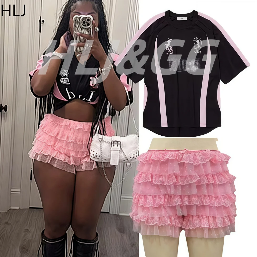 

HLJ&GG Y2K Trend Patchwork Tshirts Two Piece Sets Women Round Neck Loose Top And Lace Shorts Outfits Fashion Matching Clothing