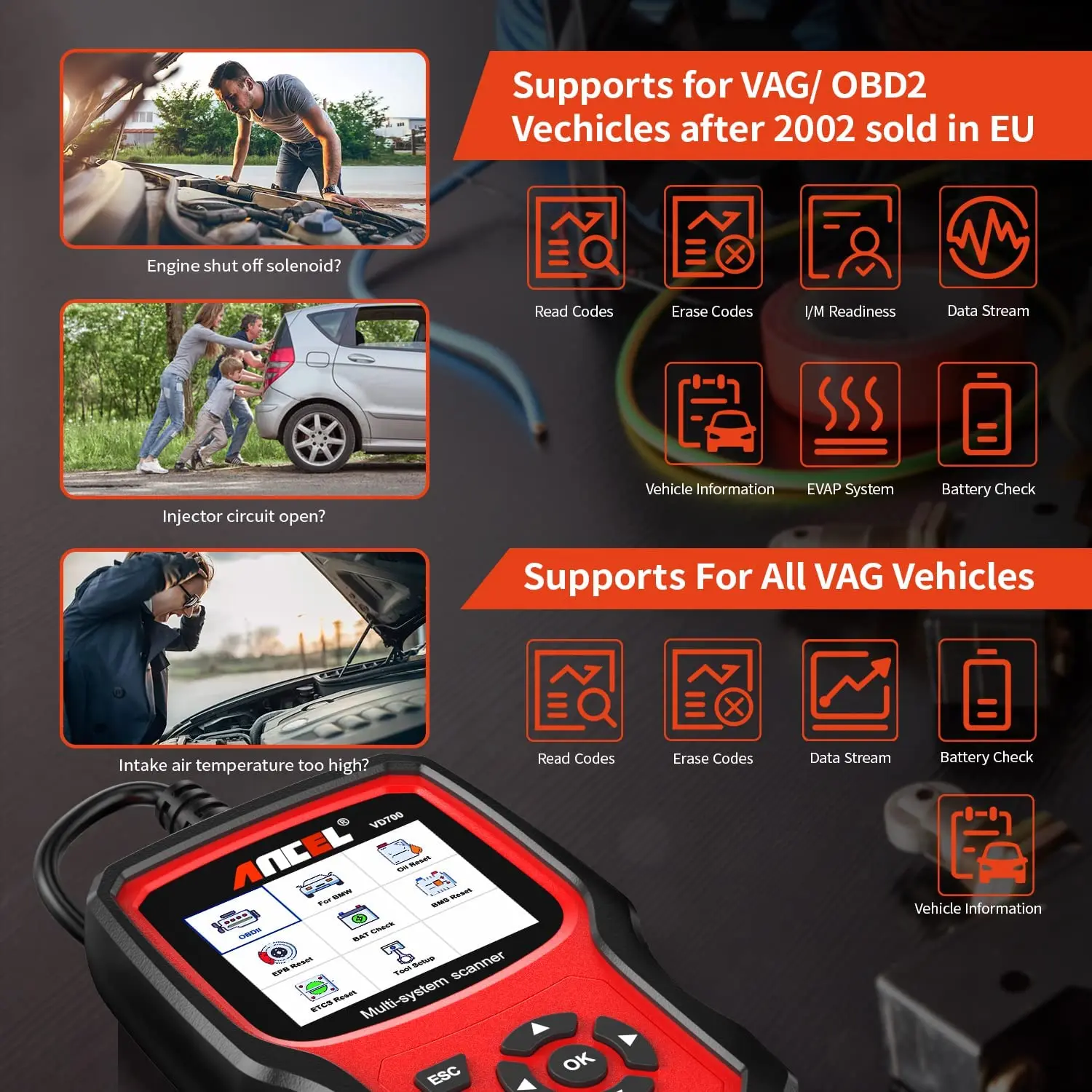 ANCEL VD700 All System OBD2 Scanner for VAG VW Audi TPMS Oil ABS EPB D-P-F TPS  Airbag Reset OBD 2 Car Diagnostic Tools