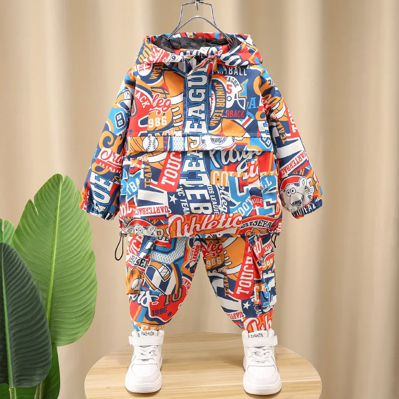 Spring Baby Boys Girls Clothes Sets Children\'s Suit Kids Long-sleeved Hooded Graffiti Printing Sweater + Pants 2PCS Suits 2-12Y