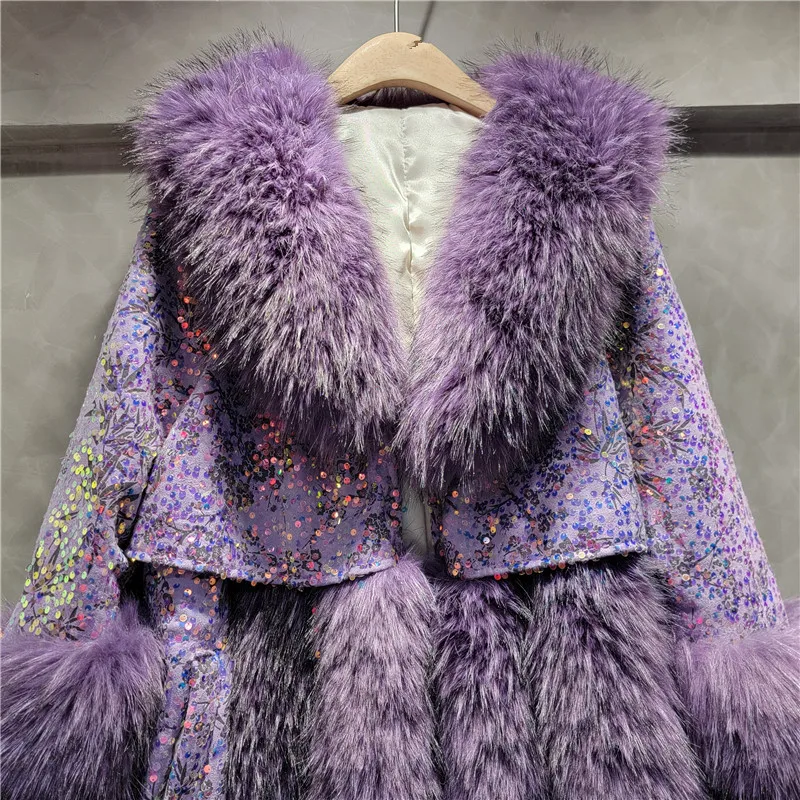 European Fashion Fur Lapel Imitation Fox Hair Sequins Jacket Women\'s Winter Clothing New Temperament Purple Overcoat Coats