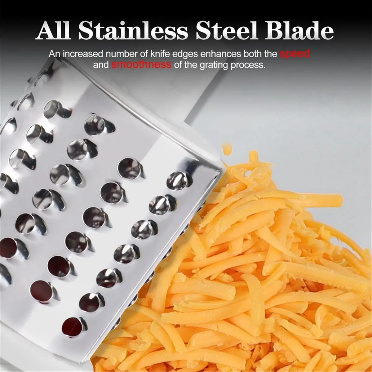 A67T NEW Rotary Cheese Grater Shredder, Speed Kitchen Manual Round Mandolin Slicer Grinder with 2 Drum Blades A
