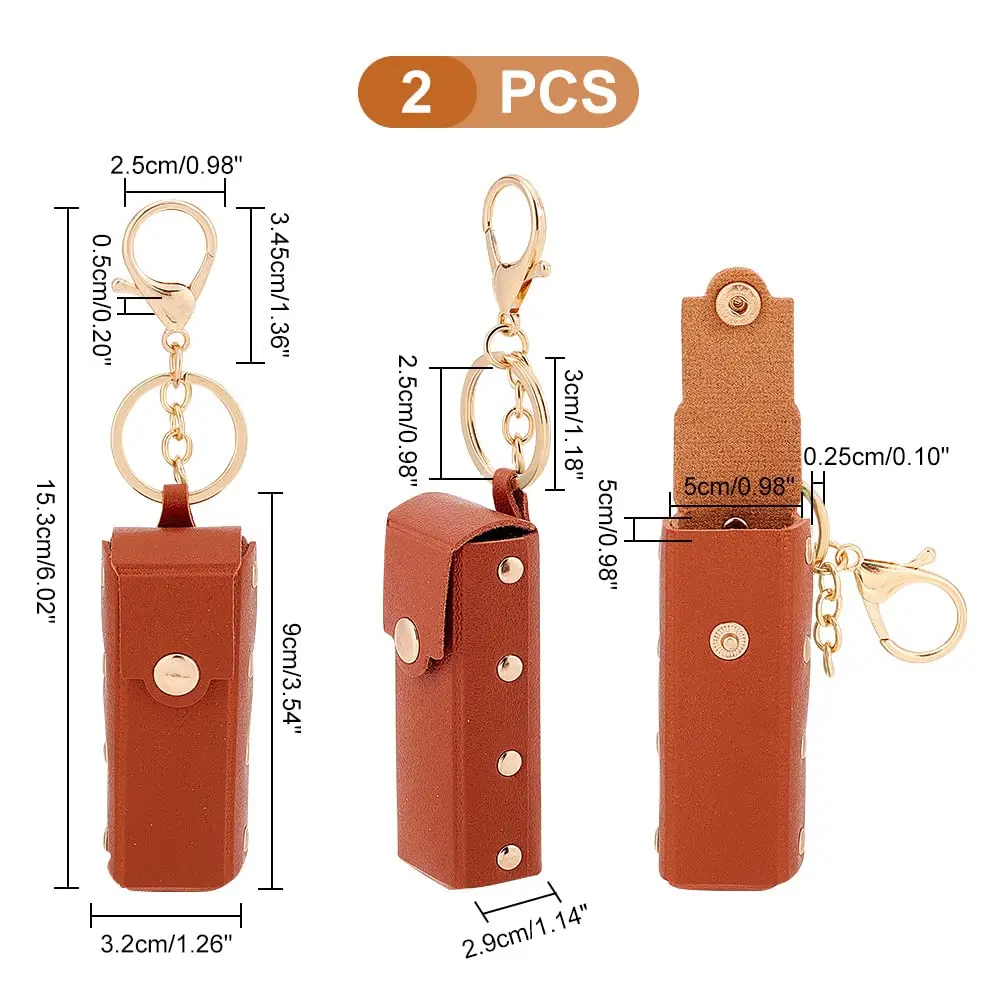 2pcs Chapstick Keychain Holder 6In PU Leather Lipstick Organizer Holder with Keychain Mini Lip Gloss Travel Storage Case Brown