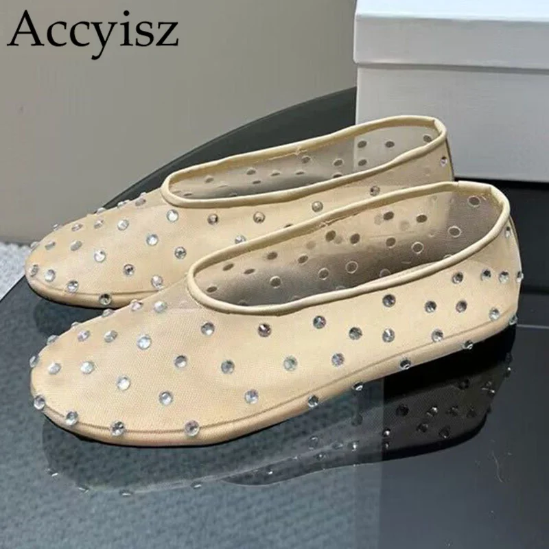 

Spring Leopard Print Solid Color Flat Shoes Women's Genuine Leather Soft Sole Single Shoe Mesh Hole Out Breathable Ballet Shoes