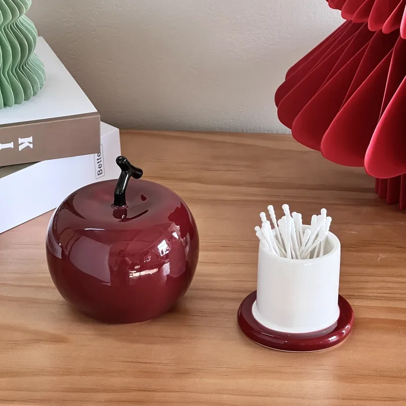 

High-appearancy-level Creative Apple-shaped Toothpick Jar Ceramic Light Luxury High-end Dental Floss Storage Box Decorative Gift