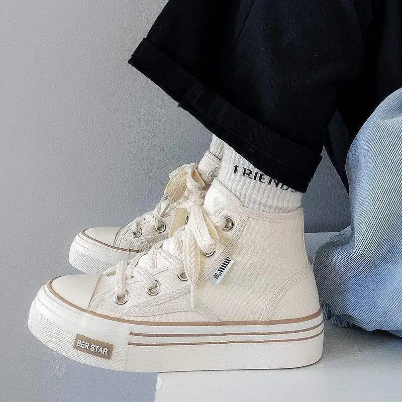 Zapatillas de Lona de Caña Alta para Mujer, Primavera 2025, Modernas, Deportivas, Casuales, con Suela Gruesa, Blancas, Versátiles, para Estudiantes