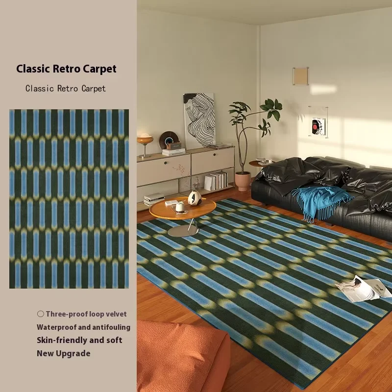 VIKAMA Retro blau gestreifter Teppich, leichter Luxus für das Wohnzimmer und hochwertiges Gefühl, Sofa, schmutzabweisende Bodenmatte, Heimdekoration