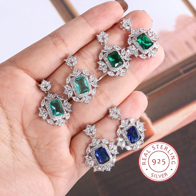 Beautiful 925 Silver Plated Earrings for Women Stylish Green Blue Zircon Earrings Sparkle Jewelry Women's Party Earrings