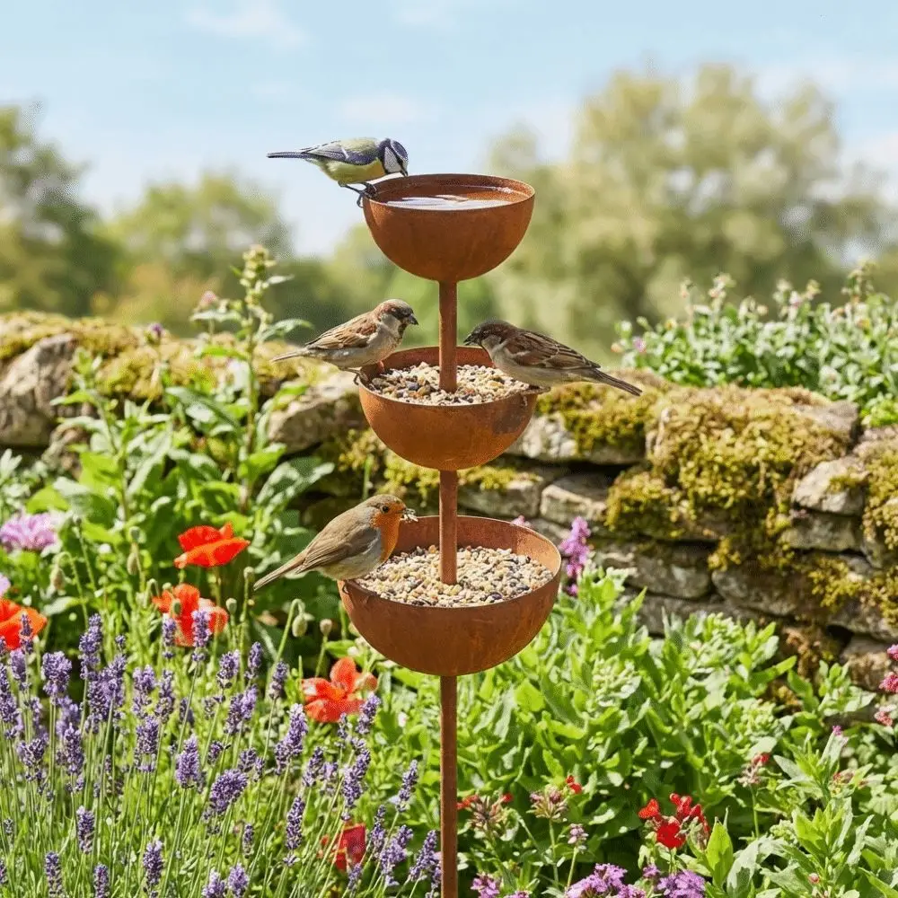 3-Tier Bowl Metal Bird Bath Rusted Vintage Iron Bird Water Dispenser Garden Stake Decorative Garden Rain Catcher Patio Backyard