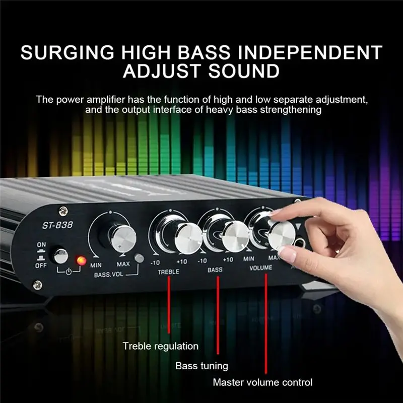 Y44A ST-838 Audio Amplifier 2.1 Channel Mini Hifi Audio Power Amplifier for Home Car with FM Radio EU Plug 200W+200W+200W