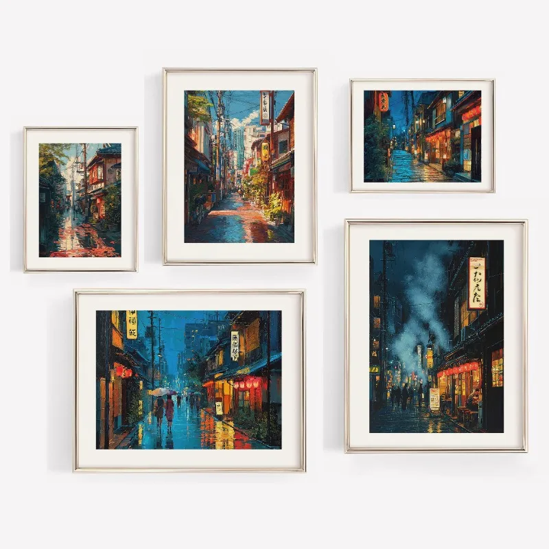 Anime Style Japanese Oil Painting Tokyo Tea House Cityscape Print, Manga Street Art Modern Ukiyo-e Decor Urban Cafe Scene Wall