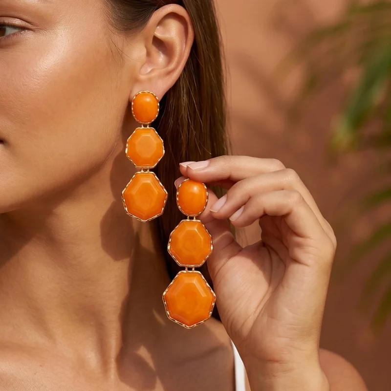 Vibrant Orange Geometric Drop Earrings Gold Color Trim Statement Dangle Earrings Retro Style For Women Everyday Wear & Parties