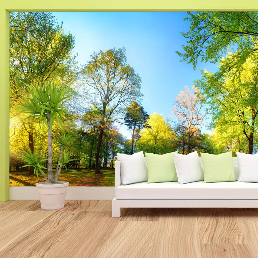 15+ Waterpoof Modern Green Tree Sunshine Forest Wall Mural Wallpaper Woodland Landscape Wall Art Decor for Bedroom Living Room