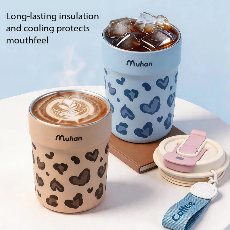 Home Muhan leopard print coffee cup thermos cup for women with good looks, pottery lining, small, portable, mini cute water cup