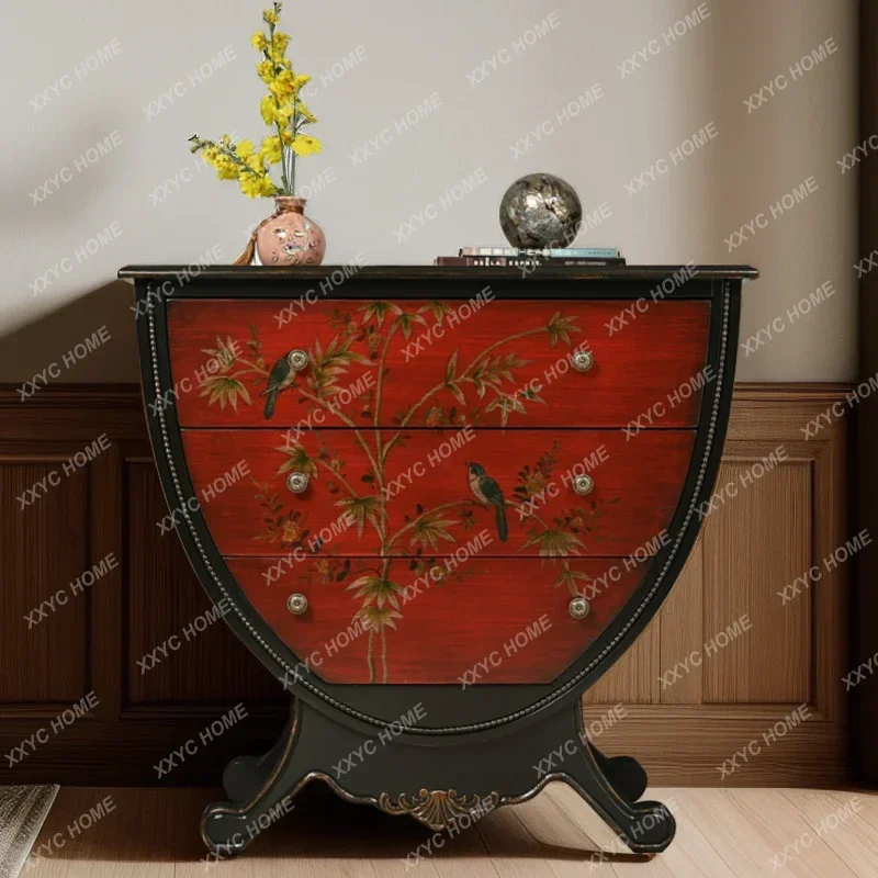 American Retro Aisle Solid Wood ，Drawer Storage ，Cabinet European Style Console， Country Distressed Side Cabinet.