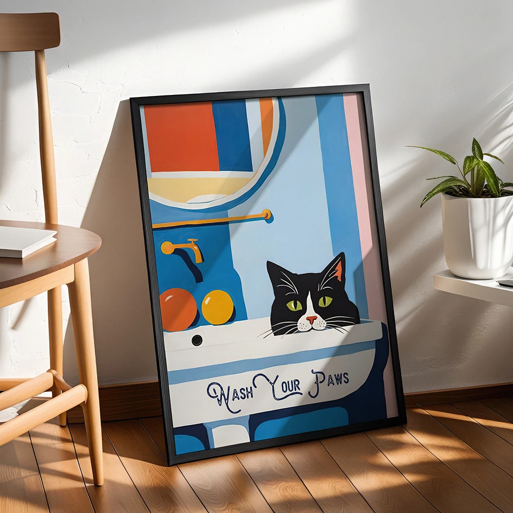 

WASH YOUR PAWS Cat Poster Colorful and Whimsical Bathroom Art Print Cute Cat Illustration with Cursive Quote Home Decor Pictures