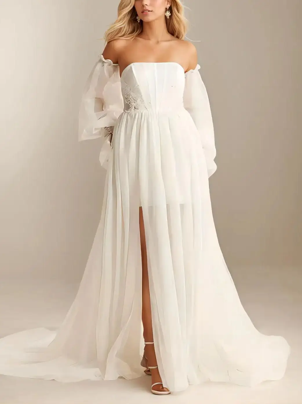 

Elegant A-Line Wedding Dress Chapel Train Tulle Strapless Boho Puff Sleeves Ruffles High Split Bridal Gown 2025 Free Customized