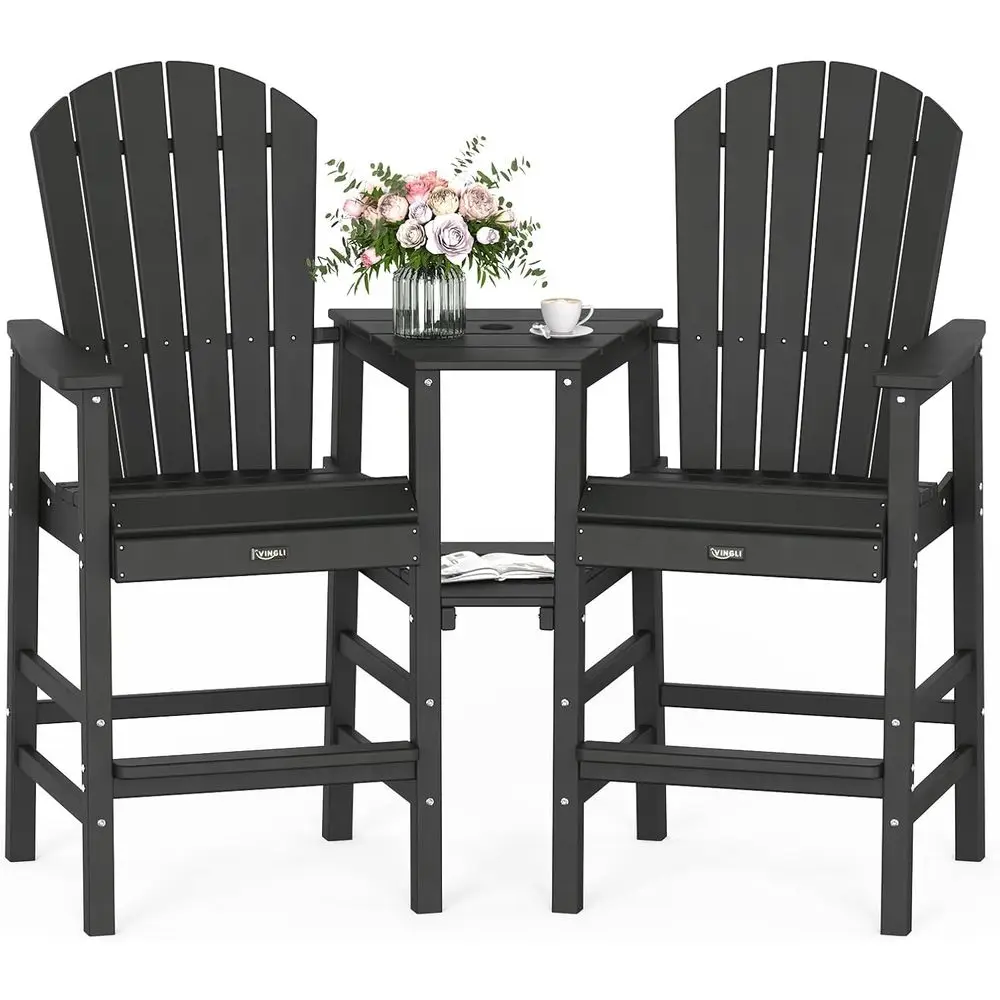 

Комплект из 2-х высоких уличных стульев Adirondack с двойными подносами для патио, зоны у бассейна и заднего двора (черный)