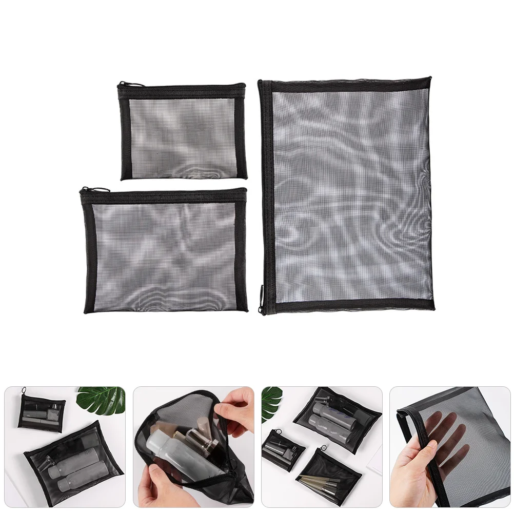 3 Pcs Travel Makeup Bag Organizing Nylon Mesh Pouch Storage Bags with Zipper Holder Black