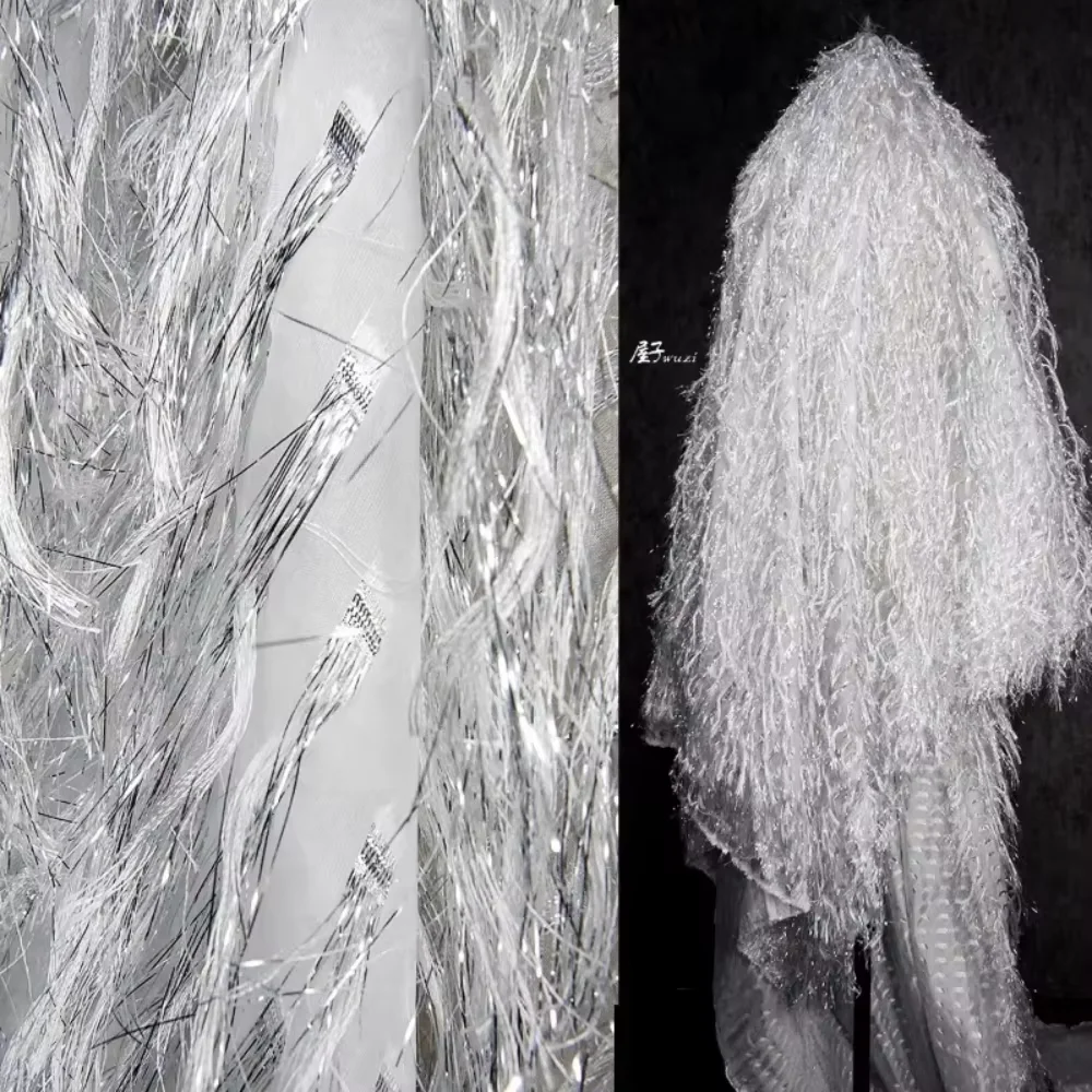 

White Silver Bottom Fringe Jacquard Fabric for Formal Dress Fashion Creative Designer Diy Sewing Cloth Material By The Yard