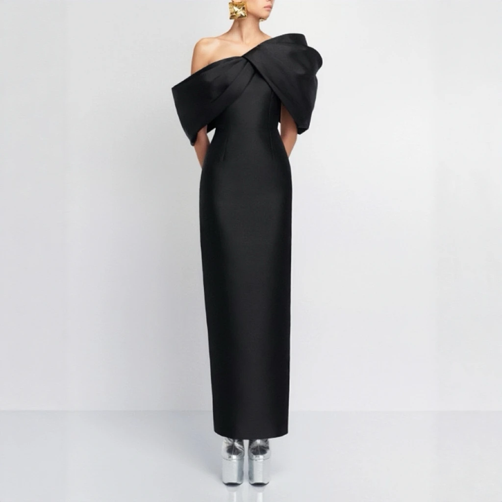 Elegante abito da sera monospalla nero aderente formale cocktail party abito da brindisi da sposa abito lungo da damigella d'onore per le donne