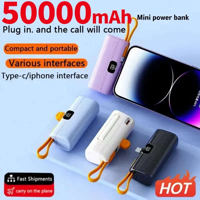 New 50000mAh Mini Power Bank Built in Cable PowerBank Digital display External Battery Portable Charger For iPhone Samsung