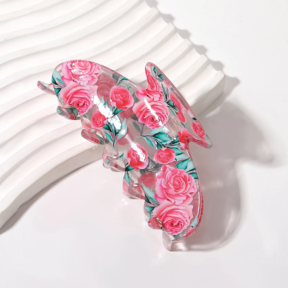 

Valentine's Day Red Rose Flower Printed Hair Claw Clip For Women Girls Elegant Transparent Floral Hairpin Hair Accessories