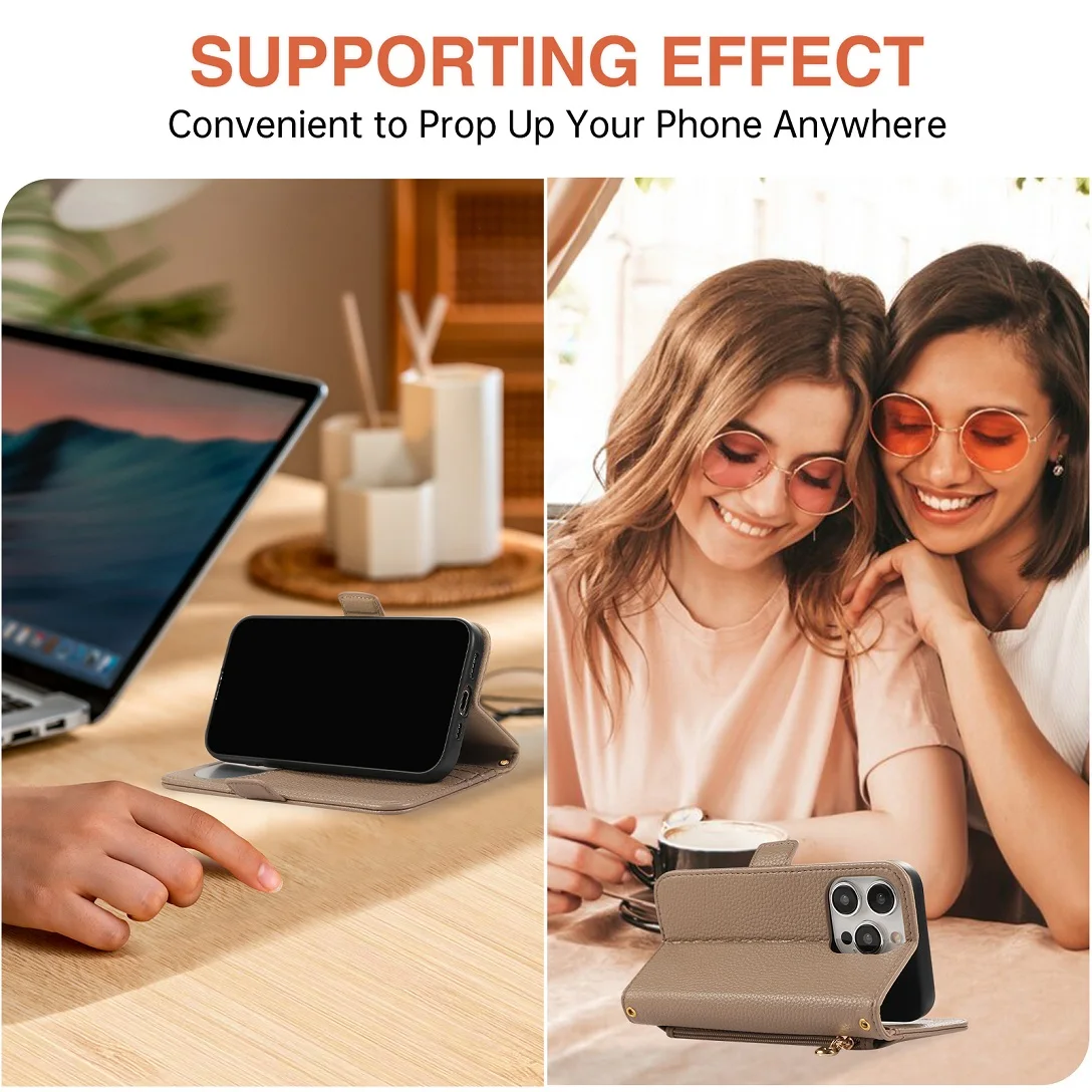 Luxury Shoulder Zipper Purse Bag Leather Card Wallet Case For iPhone 12 13 14 15 16 17 Pro Max Plus Mirror Makeup Phone Cover - náhled 6