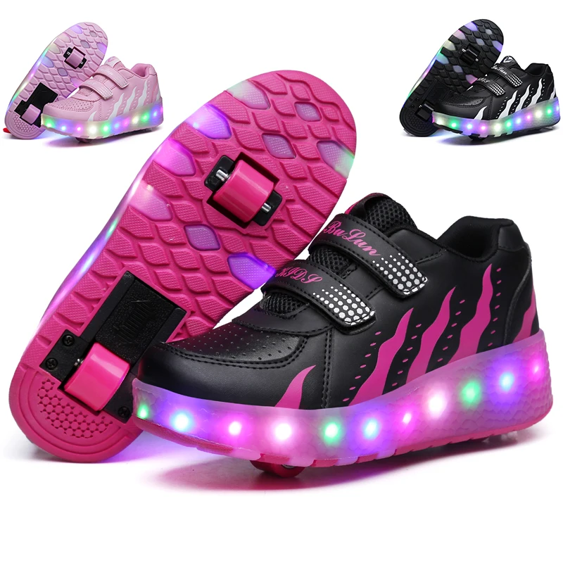 Baskets à Talons Brillants à Deux Roues pour Enfant, Chaussures de Skate à Roulettes à Lumière LED Rose, pour Garçon et Fille, avec Chargeur USB