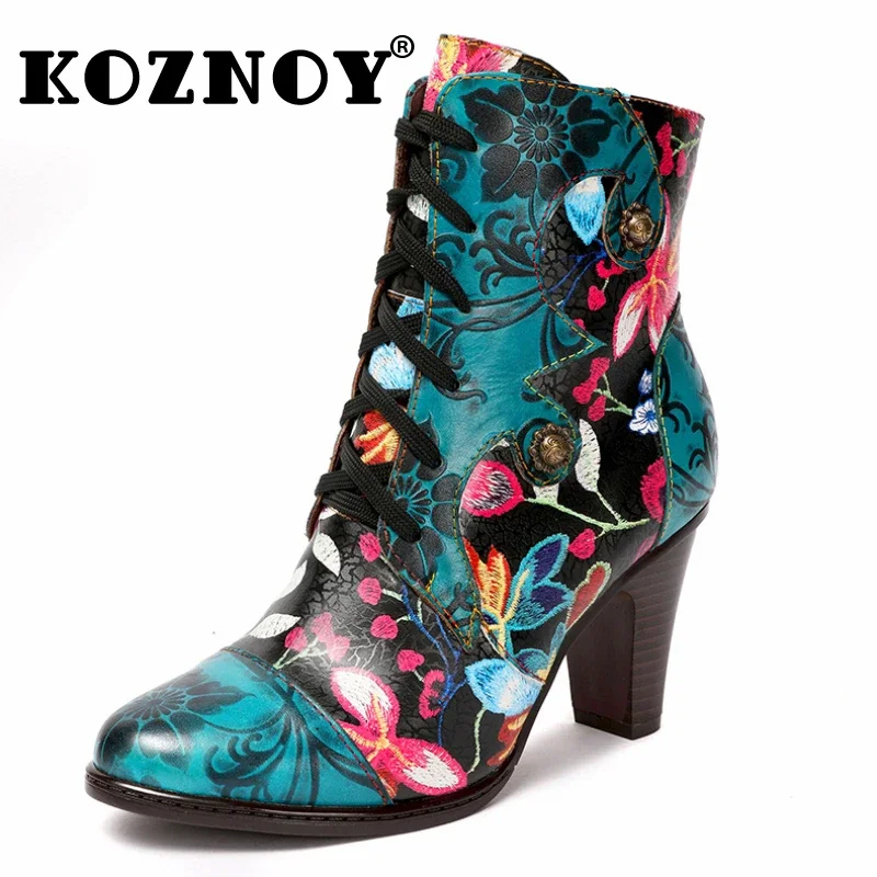 

Koznoy 8cm Colorful Genuine Leather PU Print Zipper Women Big Size Fashion Metal Decoration Ethnic Mid Calf Boots Winter Shoes