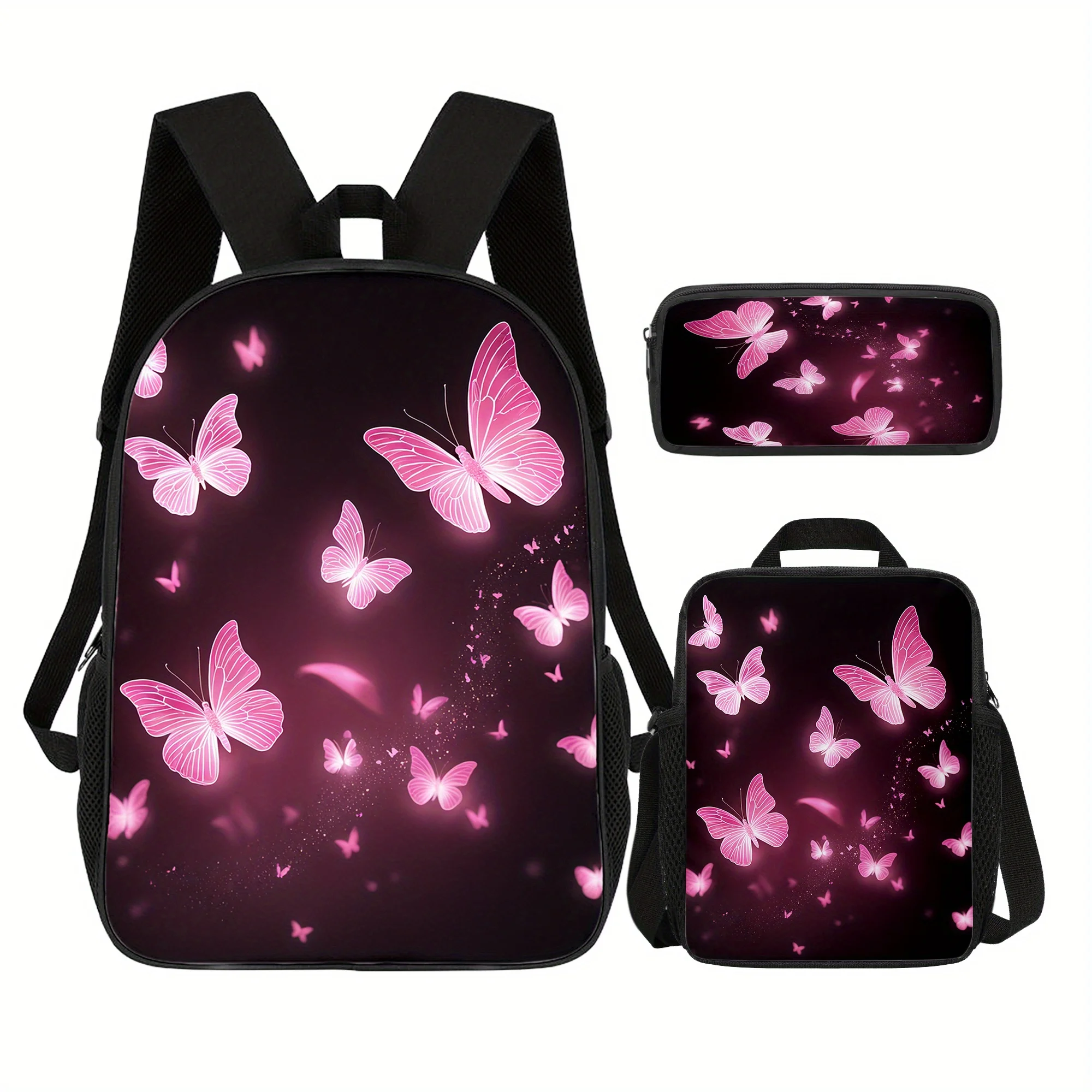 3pcs Backpack Set with Shadow Butterfly Design Durable Large-Capacity Bookpack Insulated Lunch Bag Multi-Functional Pencil Case