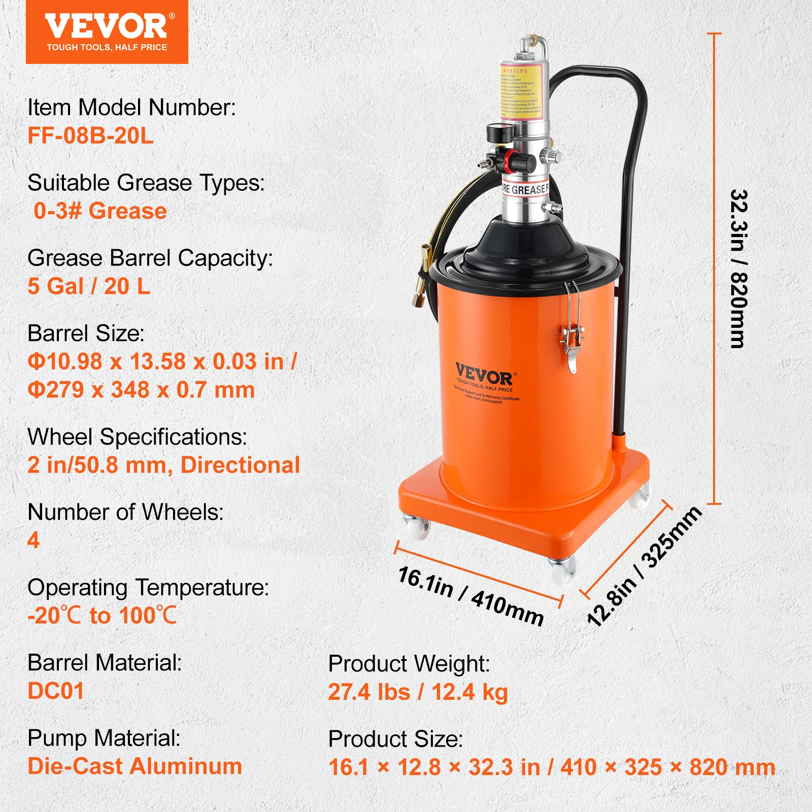 SucceBuy 3/5/10 Gallon Vetpomp Luchtbediening met Slang Pneumatische Vetemmer Pistool en Wielen voor Auto's 50:1 Drukverhouding