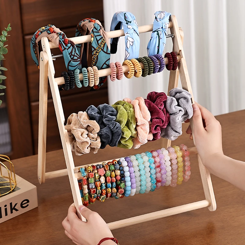Wood Folding Jewelry Display Rack Multi‑Tier Holder For Headbands Hair Scrunchies Bracelets Earrings Home Counter Storage Organi