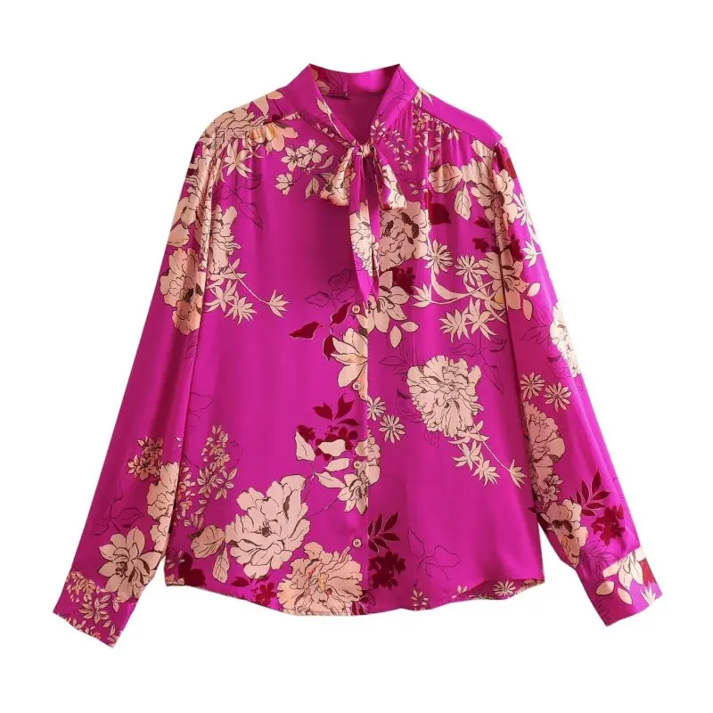 Damen Sommer Frühling Blumendruck Satin Bluse Fliege Hals Elegantes Hemd Mode Büro Dame Top
