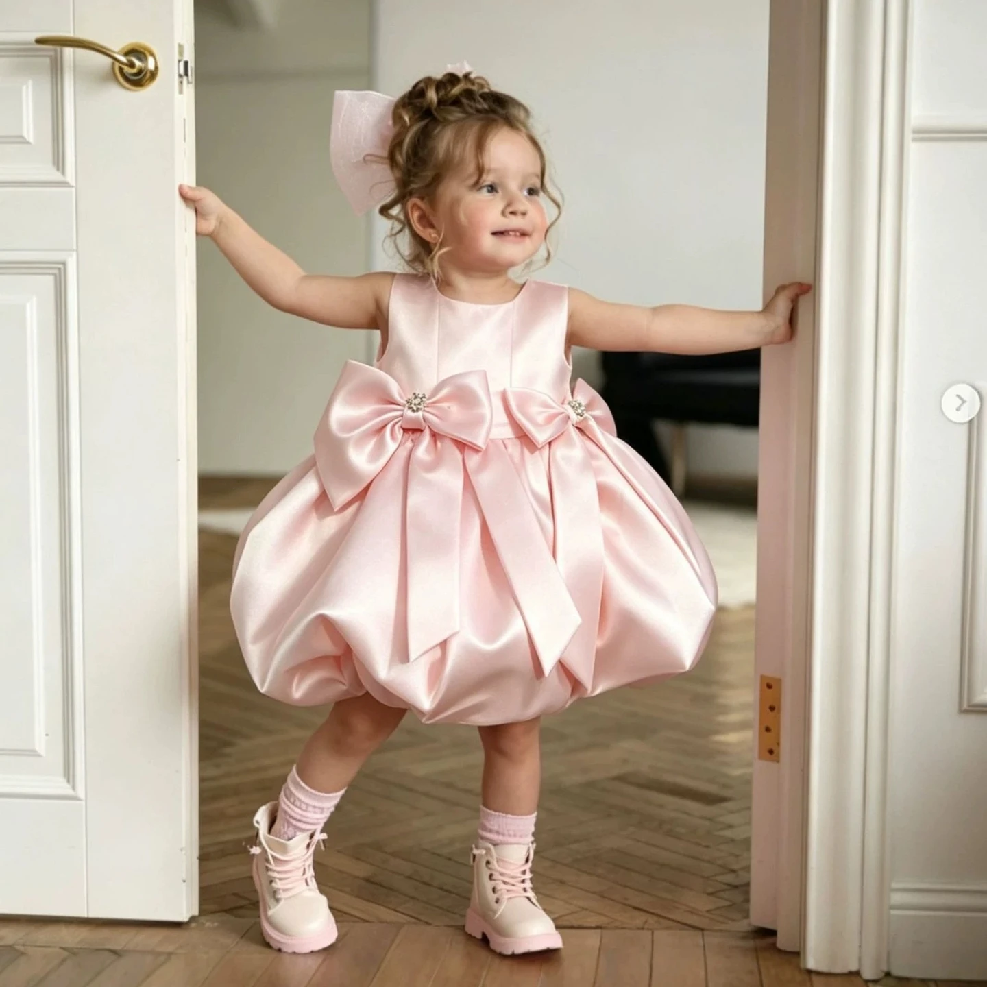Elegant Toddler Pink Satin Princess Dress Rhinestone Bow Puffy Skirt Birthday Outfit Oversized Bow Baby Pageant & Wedding Gown