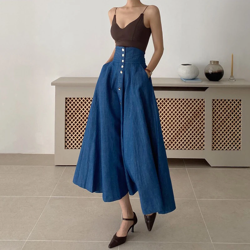 Vintage Blue Single-Breasted Jeans Skirts Trendy Fashion Pocket High Waist A-Line Skirt Female Long Maxi Denim Skirts Brand New