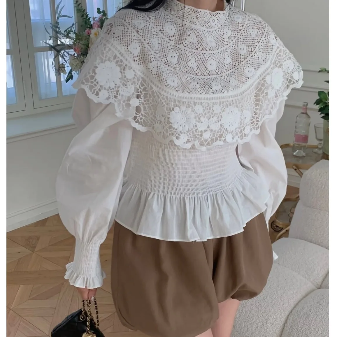 Coreano Sle Chic mujer larga Sve irt pesado bordado encaje empalme dulce corte Sle Top viaje Sle Regular Sve