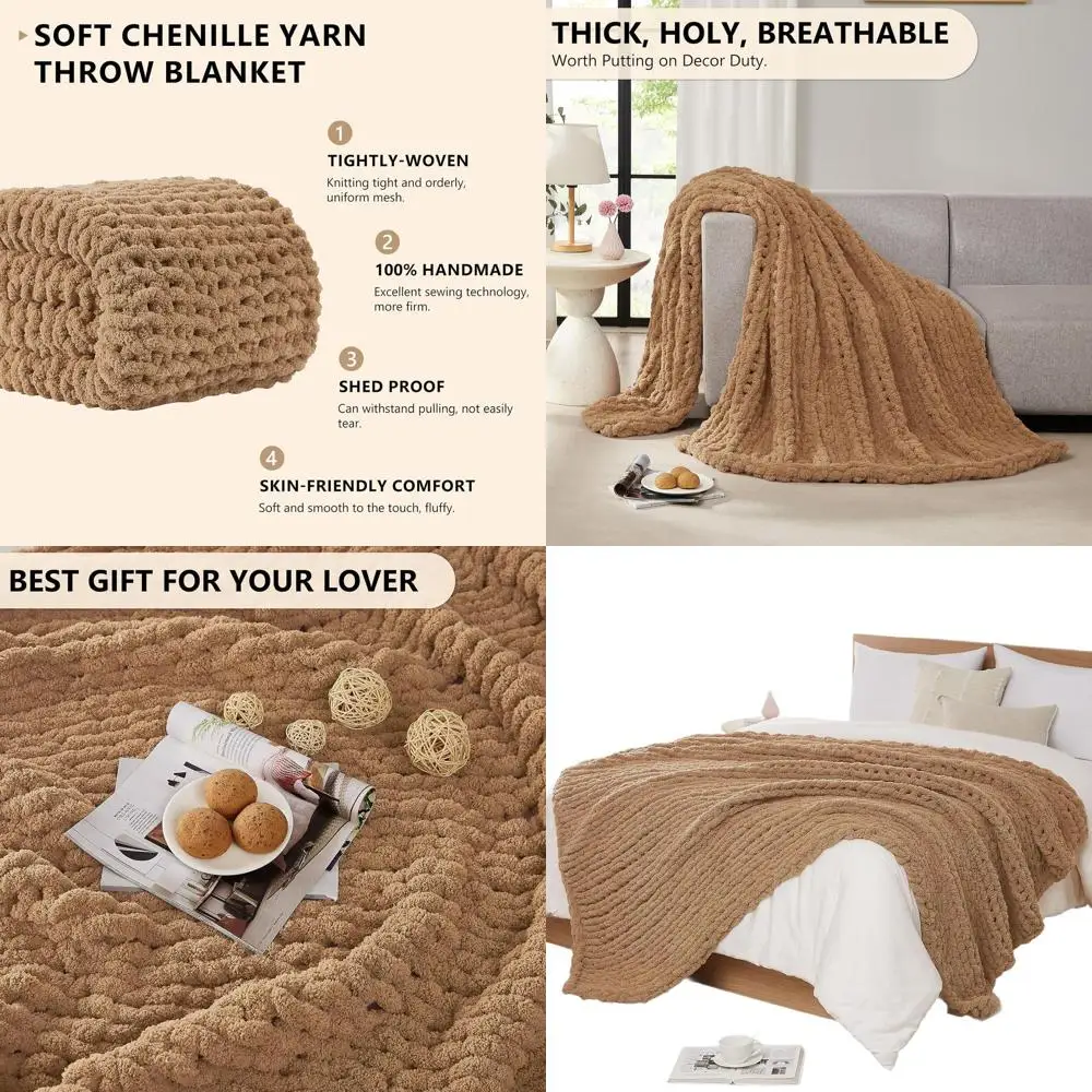 

Handcrafted 50x60 Tan Cable Knit Chenille Throw Blanket for Bed or Couch