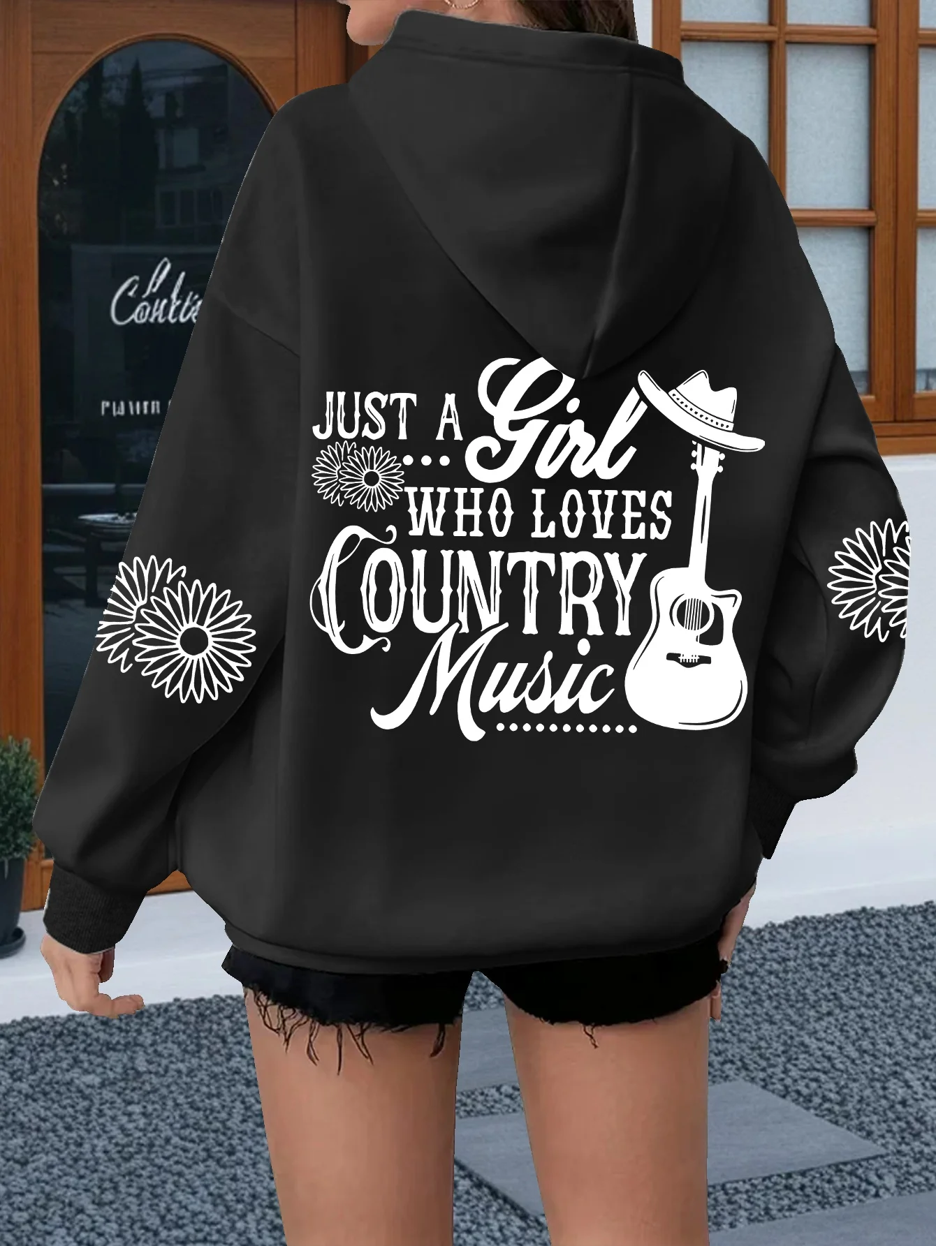 

Women's Country Music Graphic Hoodie "Just A Who Loves Country Music" Guitar & Cowboy Hat Print Streetwear Unisex Casual Hoodies