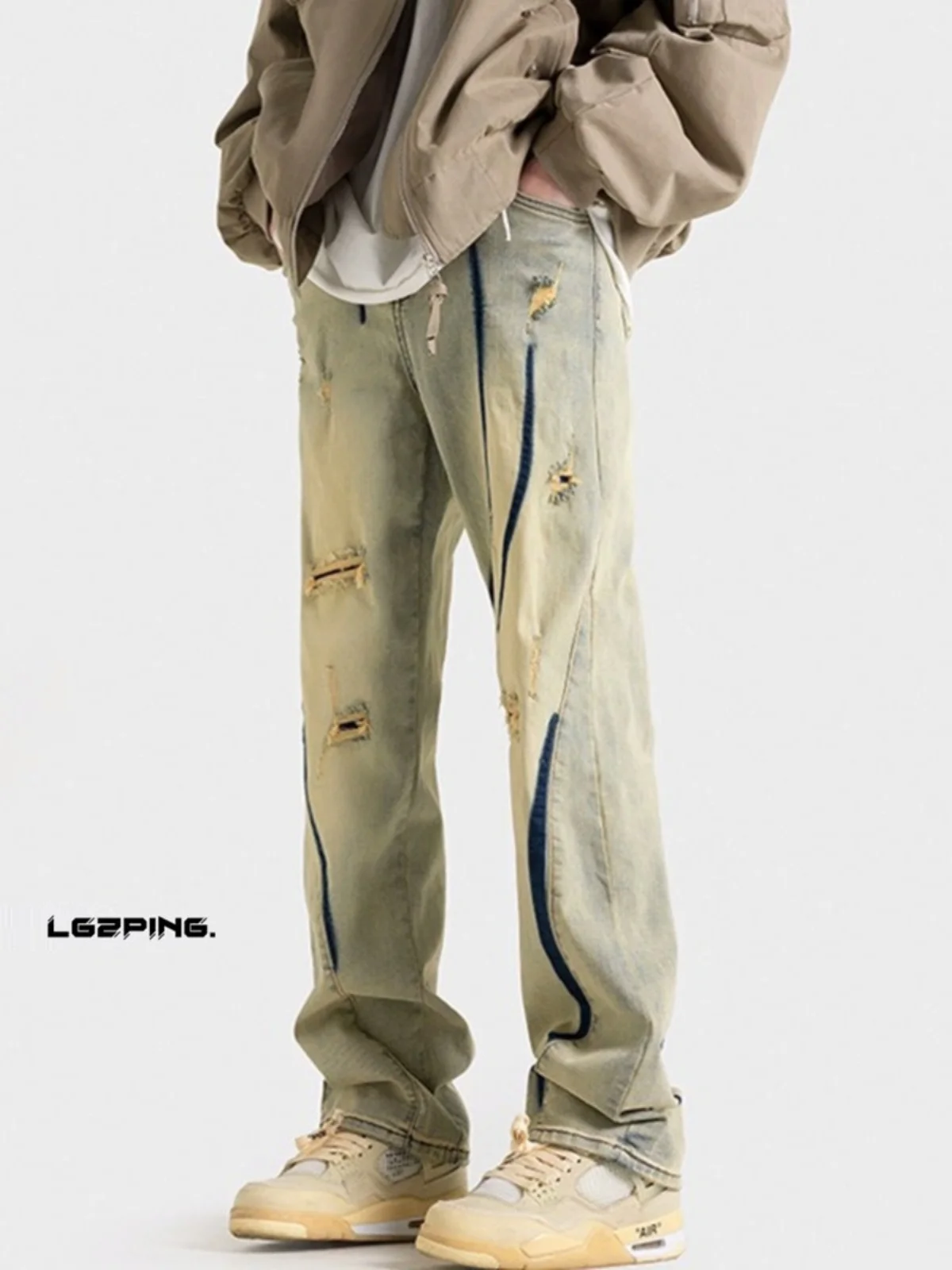

Men's Casual Denim Jeans Spring Autumn American High Street Vibe Hole Punching Yellow Mud Color Straight Slim Flared Pants
