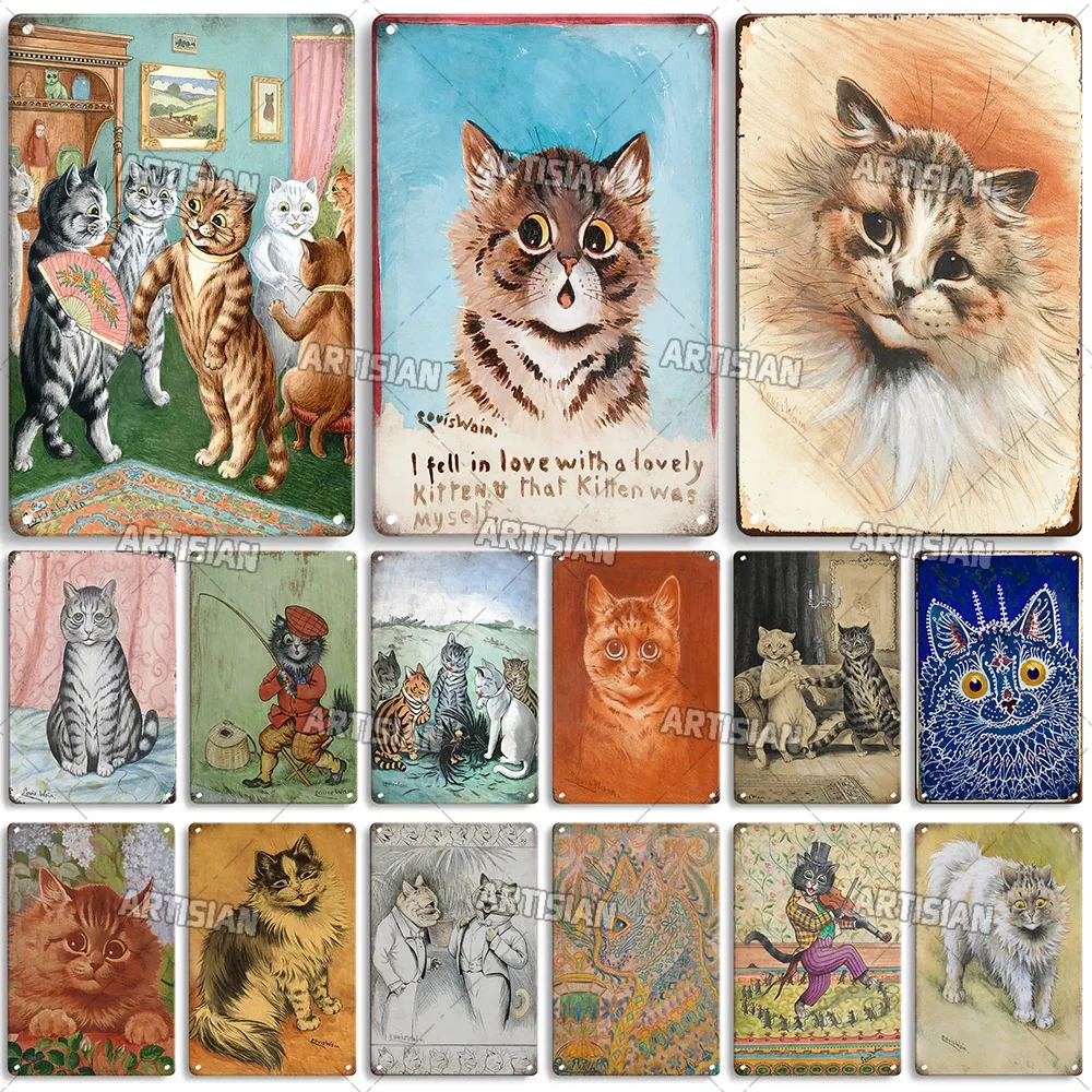 ARTISIAN Vintage Cat Metal Poster  Louis William Wain Painting Retro Wall Decor for Home Bar Studio  Metal Plaque Sign