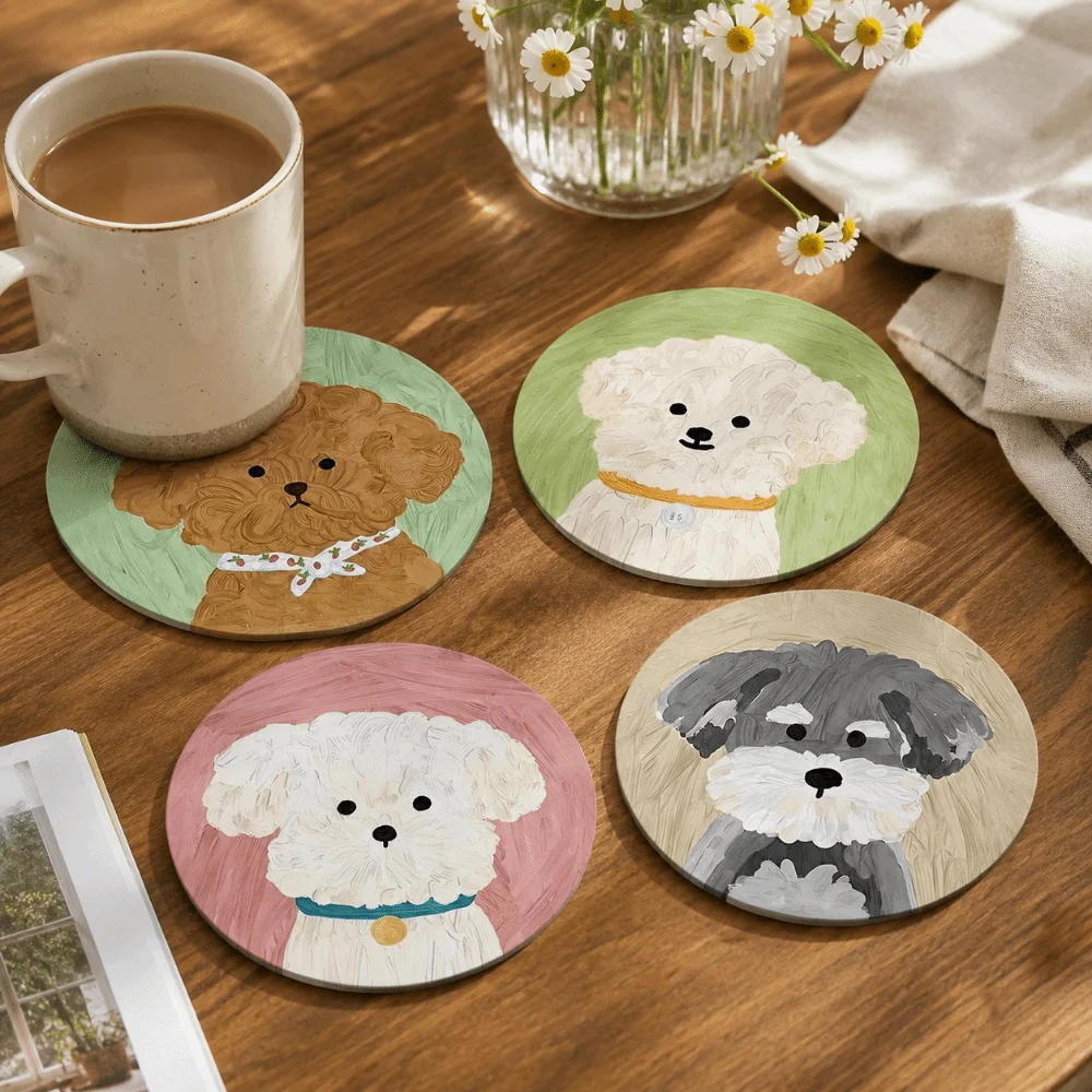 4/6pcs Puppy Designs Round Wooden Drink Coaster Heat-Resistant Waterproof Cat Coaster Dog Non-Slip Coffee Cup Mat For Dining
