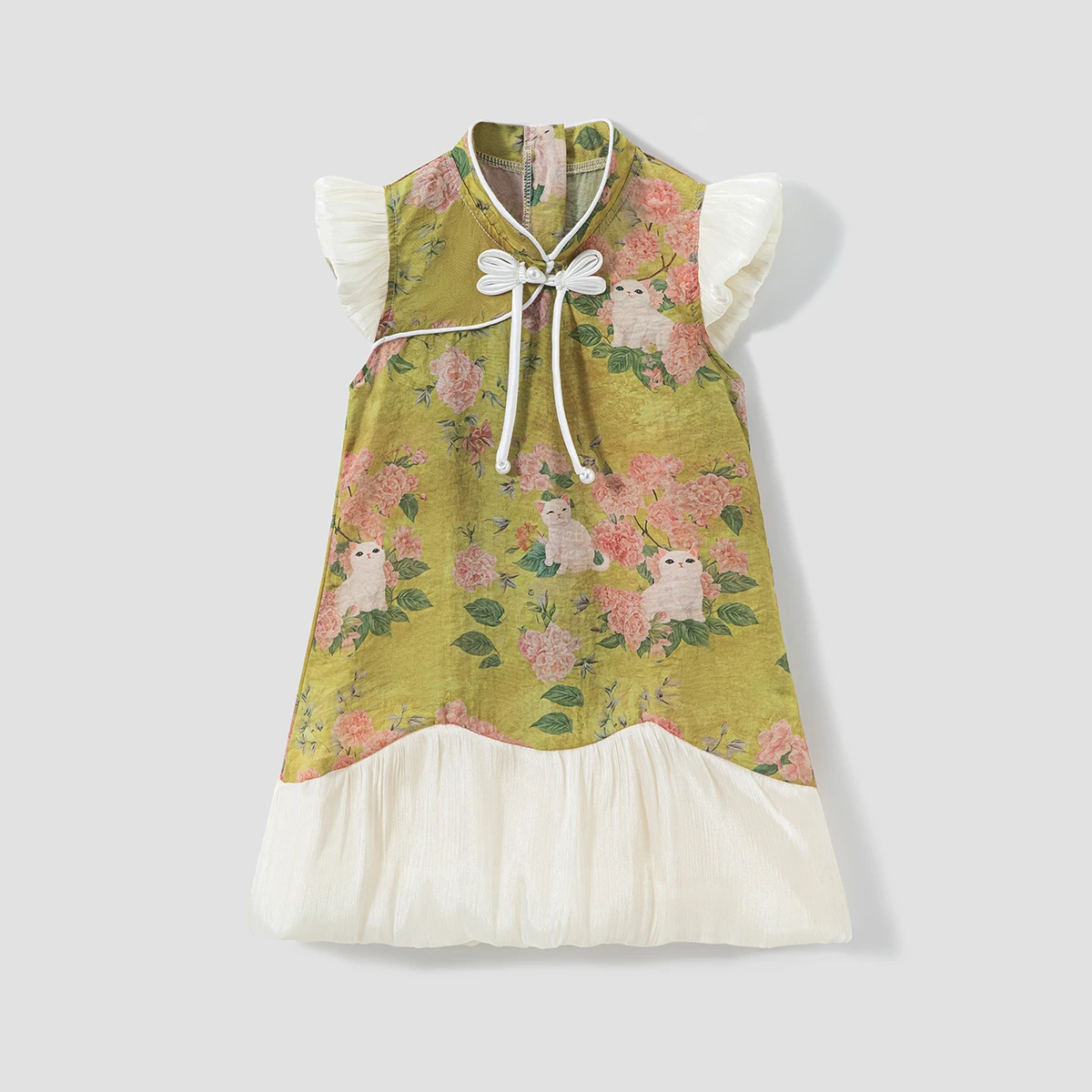 Girls Chinese Style Dress Ruffle Sleeves Floral Cat Print Traditional Mandarin Collar Clothing for 1-8Y Children