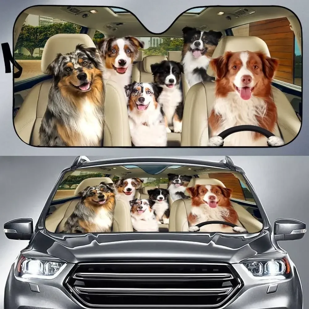 Australian Shepherd Car Sun Shade, Australian Shepherd Team Friends Driving Auto Sunshade for Windshield, Australian Shepherd Lo