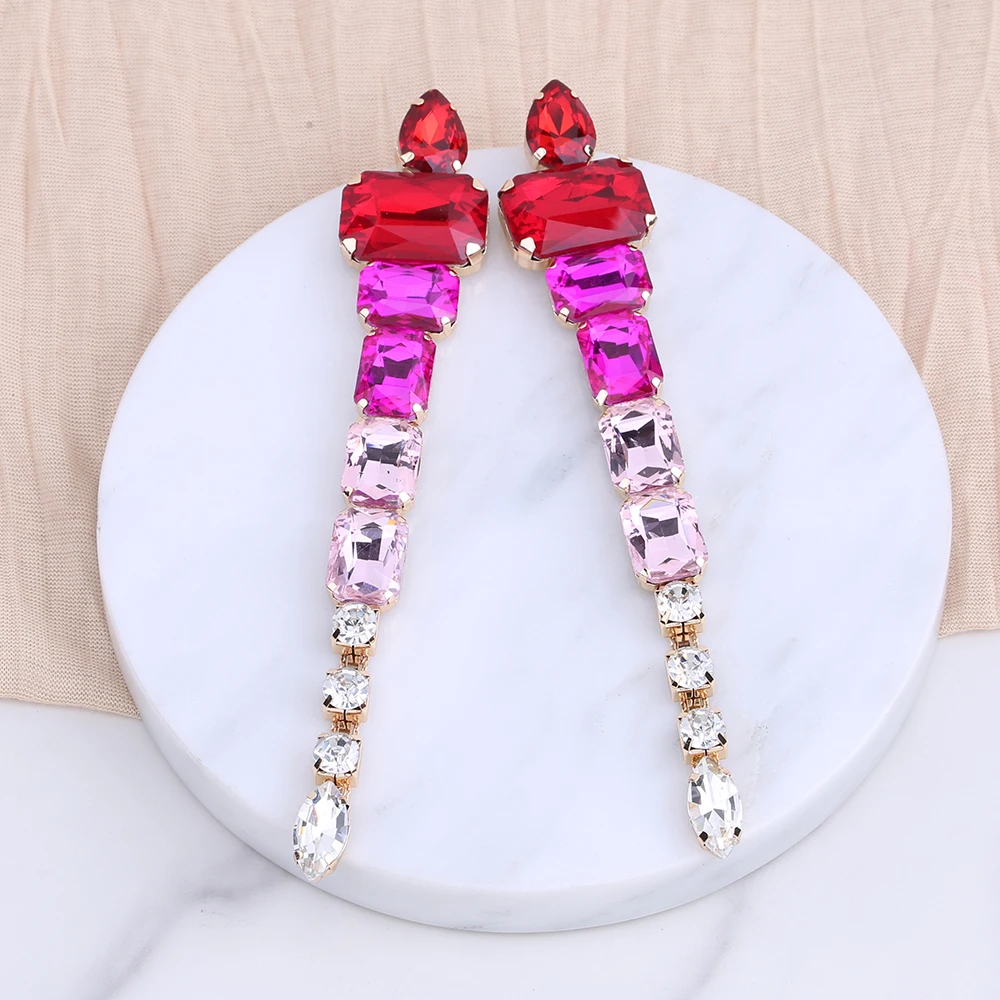 Handmade Crystal Big Drop Dangle Earrings Square Gemstone Long Jewelry for Women Shiny Rhinestone bridal Tassel Pendant Earrings