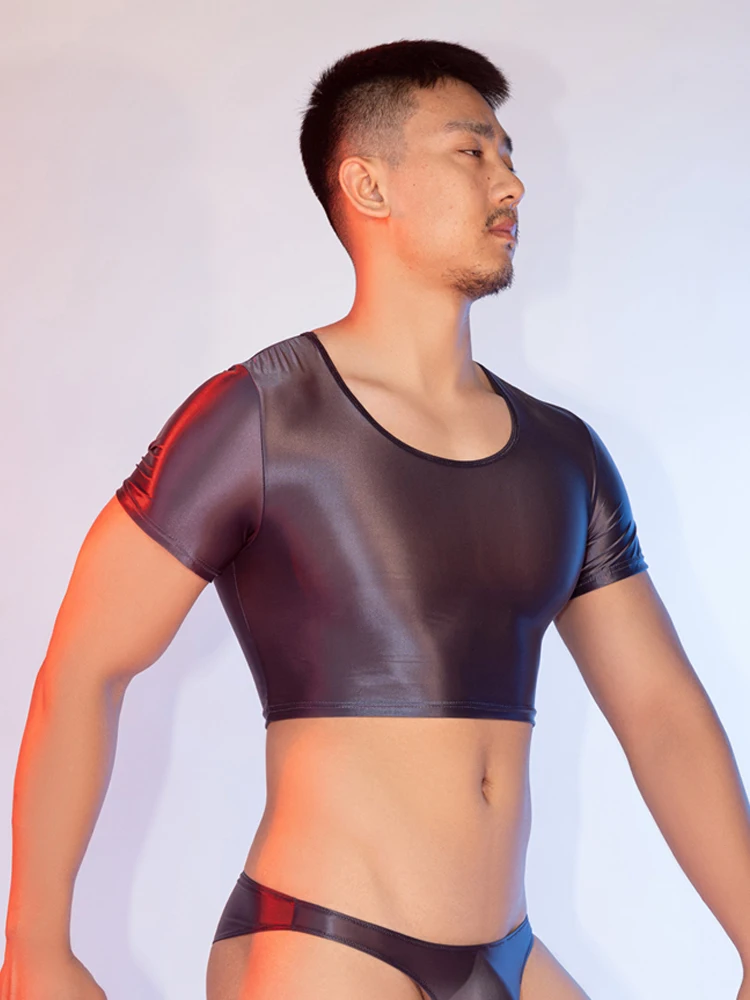 Sexy Men Thin Short T-shirt Sport Yoga Outfits Sheer See Through Short Tank Top Satin Oil Shiny Tight Elastic Fitness Tops