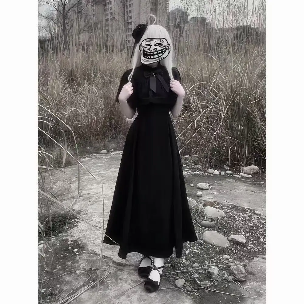 

Dark Black Lace Lolita Dress Girls Short Sleeved Mid Length Long Skirt Girls Gothic Halloween Cosplay Dress Vintage Street Suit