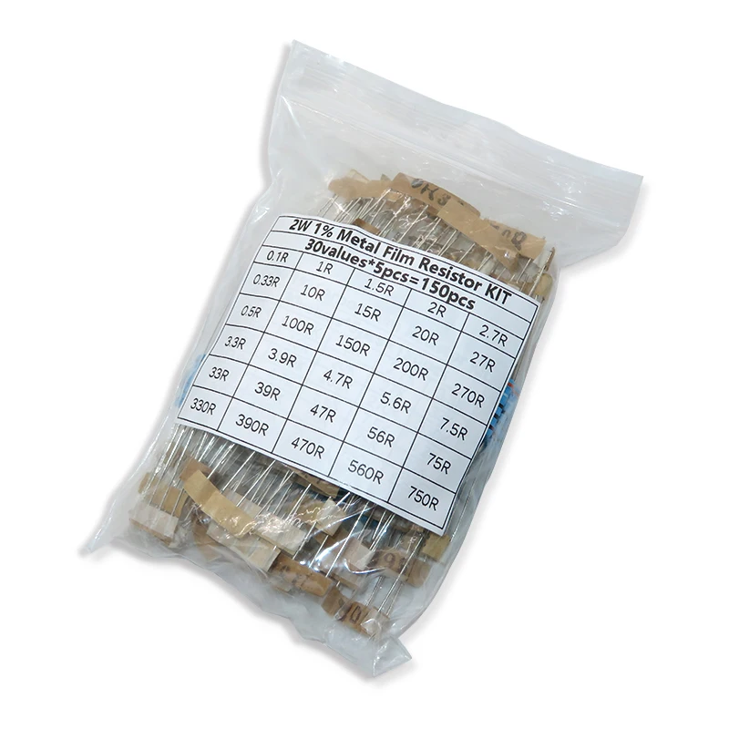 150PCS/set 1% 2W 0.1R~750R 1K~820K Ohm Metal Film Resistor Kit  30 Value Assorted Resistor Pack Set Diy Set of Resistors