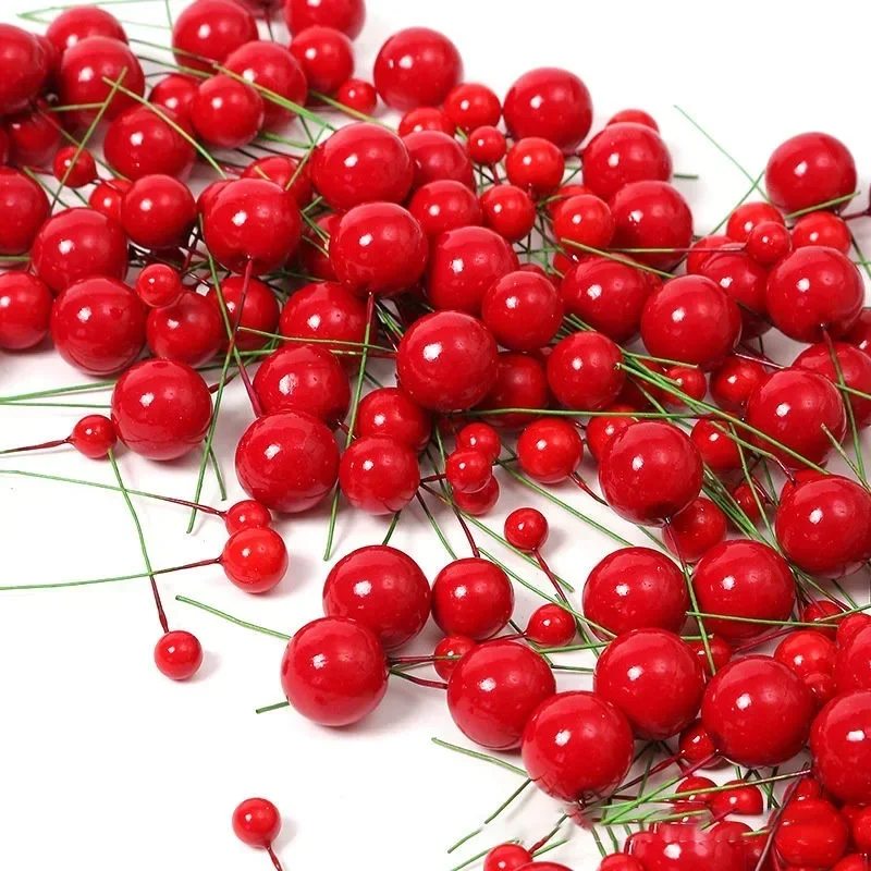 50/1000pcs Artificial Mini Red Berries Cherry Stamen Fake Holly Berry Pearl Beads DIY Christmas Tree Ornament Wreath Decoration