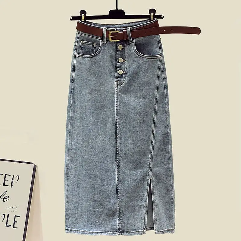 Frühjahr/Sommer Set Damen neues modisches gestreiftes Hemd mit hängenden Trägern und Jeans rock zur Reduzierung des dreiteiligen Alters